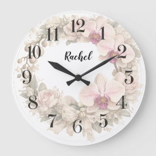 Grande Horloge Ronde cadran de couronne d'orchidée personnalisé 