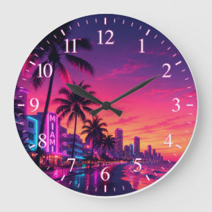 Grande Horloge Ronde Cadran de l'horloge Miami Neon Sunset