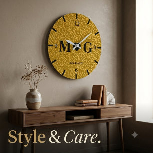 Grande Horloge Ronde Cadran mural à monogramme texturé or pour l'amour