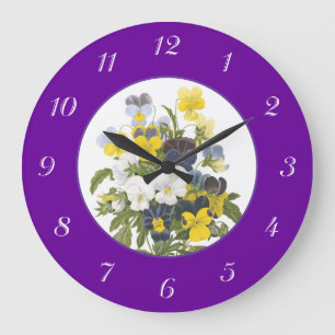 Grande Horloge Ronde Cadran mural botanique violettes et pensées violet