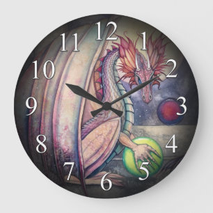 Grande Horloge Ronde Cadran mural d'art fantastique Dragon's Perch