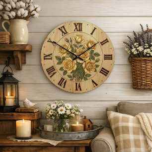 Grande Horloge Ronde Cadran mural de fleurs de jardin jaune ensoleillé