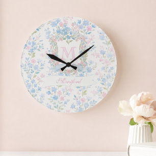 Grande Horloge Ronde Cadran mural floral bleu personnalisé
