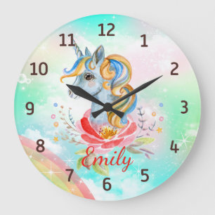 Grande Horloge Ronde Cadran mural personnalisé Licorne Arc-en-ciel Magi