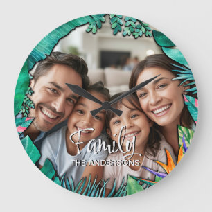 Grande Horloge Ronde Cadre de photo de famille personnalisé tropical aq