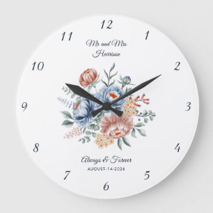 Grande Horloge Ronde Cadre Élégant de Mariage Aquarelle Florale M & Mme