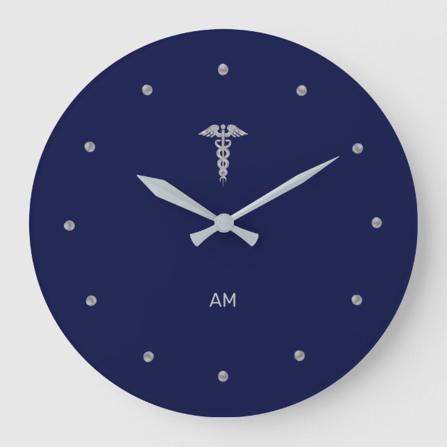 Grande Horloge Ronde Caducée Gris Argent sur Cadran Rond Bleu Marine (Recto)