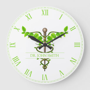 Grande Horloge Ronde Caducée Médical Alternatif Feuilles Vertes Blanc