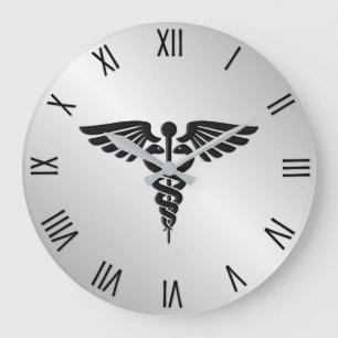 Grande Horloge Ronde Caducée Médicale d'argent avec chiffres noirs