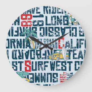 Grande Horloge Ronde California Surfing Team : Grunge Seamless Motif.