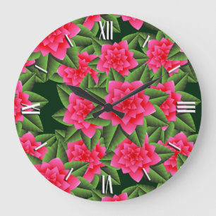 Grande Horloge Ronde Camélias rose corail et feuilles vertes