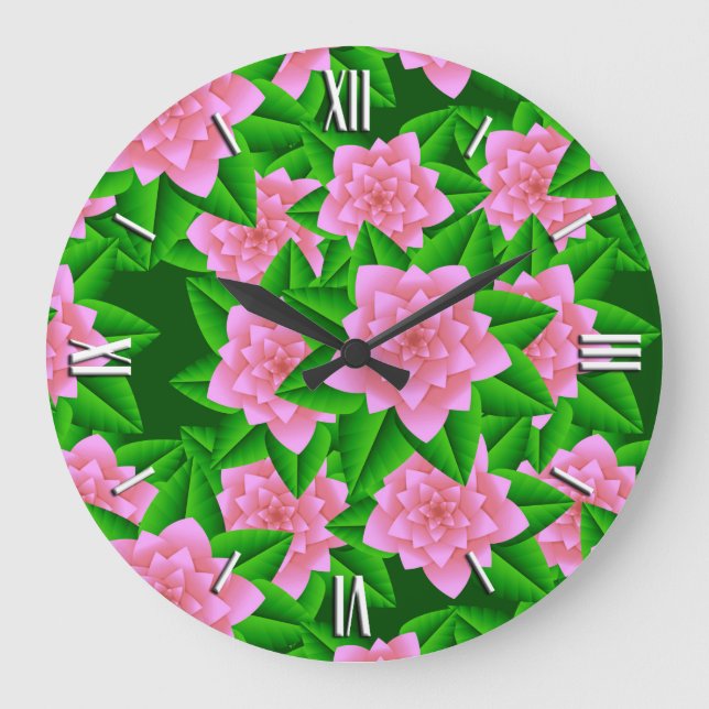 Grande Horloge Ronde Camellias rose glace et Feuilles verts (Recto)