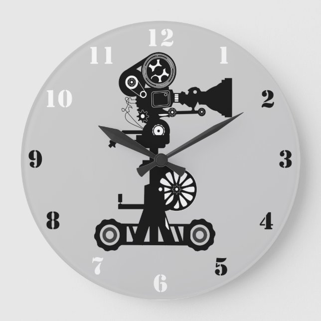 GRANDE HORLOGE RONDE CAMÉRA CINÉMA CRÉATIVE AVEC NUMÉRAUX NOIR ET BLANC (Recto)
