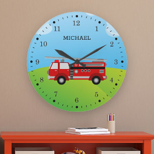 Grande Horloge Ronde Camion de pompiers mignon chambre d'enfants pompie