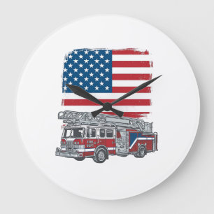 Grande Horloge Ronde Camion de pompiers patriotique drapeau américain v
