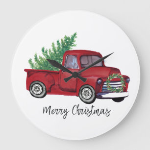 Grande Horloge Ronde Camion de rouge d'aquarelle de Noël de ferme