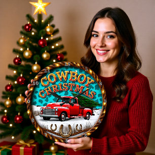 Grande Horloge Ronde Camion rouge de Noël Cowboy