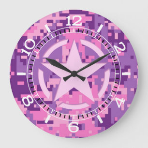 Grande Horloge Ronde Camouflage numérique rose chaud fillette