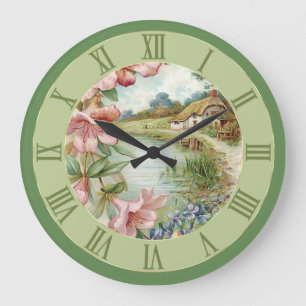 Grande Horloge Ronde Campagne vintage Scène Cottage Vert Floral