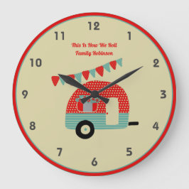 Grande Horloge Ronde Campervan Rouge Turquoise Chic Shabby
