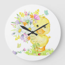 Grande Horloge Ronde Canard Jaune Et Bouquet