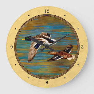 Grande Horloge Ronde Canards sauvages volants Jaune