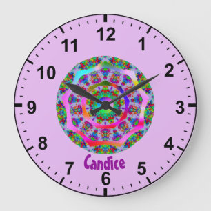Grande Horloge Ronde CANDICE ~ Motif fractal arc-en-ciel ~ Personnalisé