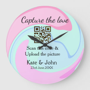 Grande Horloge Ronde Capturez l'amour ajouter QR scan marbre rose bleu 