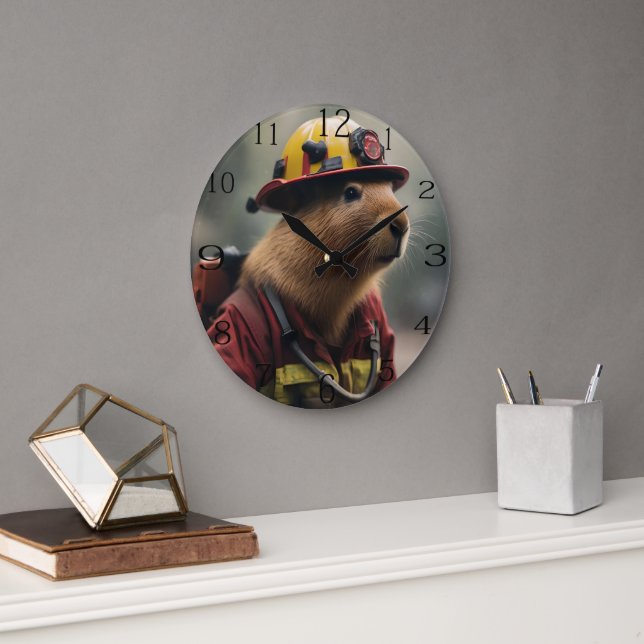 Grande Horloge Ronde "Capybara à la Secourt : Pompier Extraordinair (Bureau)