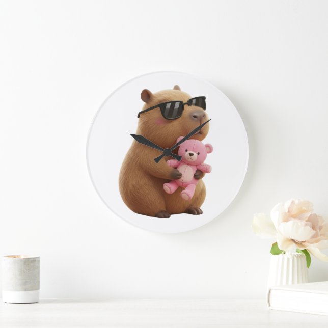 Grande Horloge Ronde Capybara Cool et Détendu avec Ours en Peluche Rose (Maison)