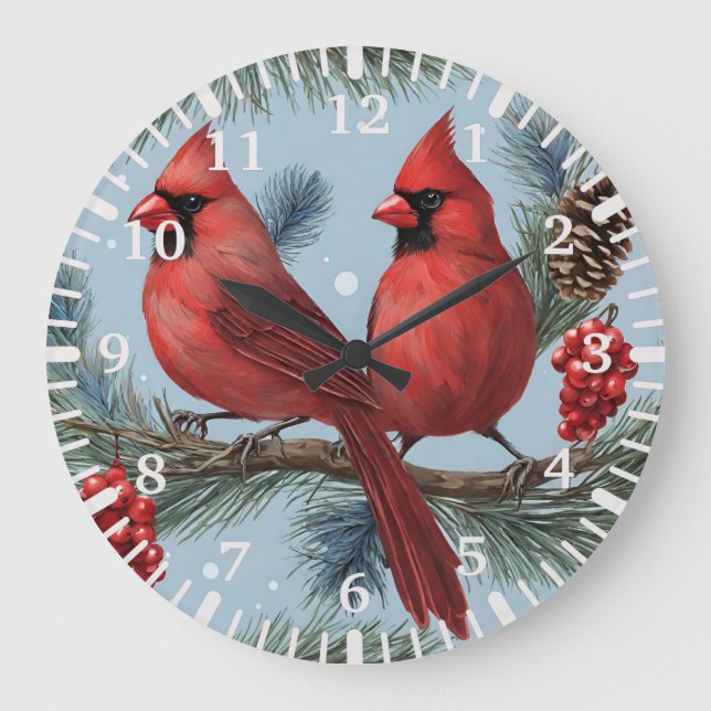 Grande Horloge Ronde Cardinaux rouges, Baies, Branches de pins, Pinecon (Recto)