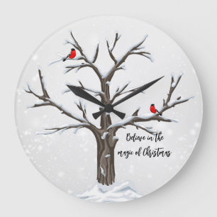 Grande Horloge Ronde Cardinaux rouges d'hiver sur Snowtree