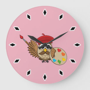 Grande Horloge Ronde Caricature de Chouette Peintre Cute