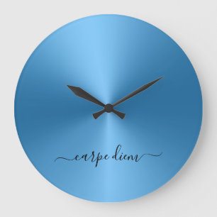 Grande Horloge Ronde Carpe Diem Style Métallurgique Bleu Acrylique