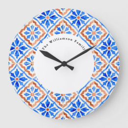 Grande Horloge Ronde Carreau d'azulejo bleu méditerranéen Nom personnal