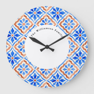Grande Horloge Ronde Carreau d'azulejo bleu méditerranéen Nom personnal