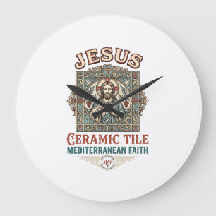 Grande Horloge Ronde Carreau en céramique Jésus Méditerranéen Foi Jésus