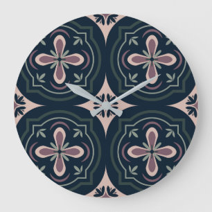 Grande Horloge Ronde carreaux géométriques floraux de couleur terreuse