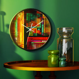Grande Horloge Ronde Carrés colorés Motif d'art Abstrait moderne #04
