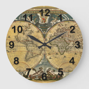 Grande Horloge Ronde Carte du monde antique en détresse #2