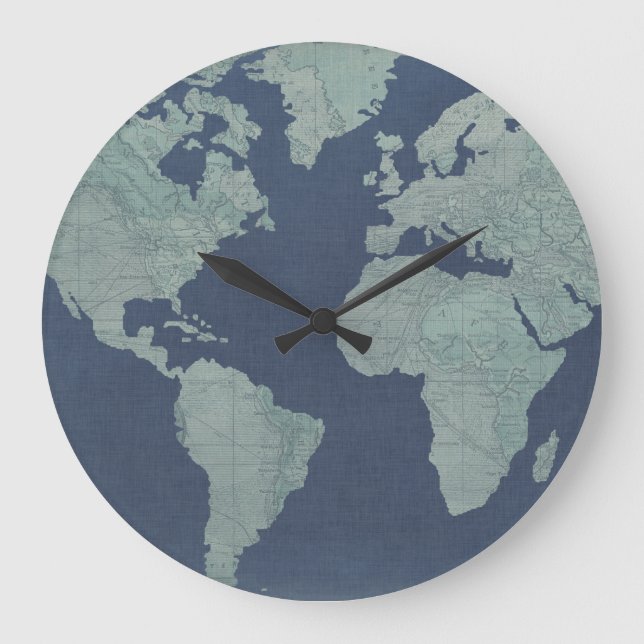 Grande Horloge Ronde Carte du monde du lin bleu (Recto)