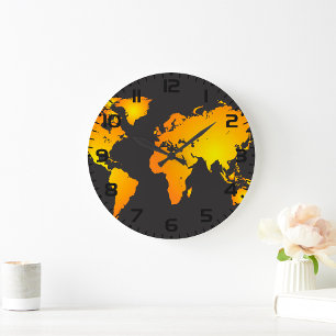 Grande Horloge Ronde Carte du monde lumineux en orange et jaune