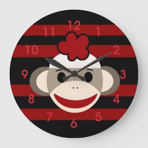 Grande Horloge Ronde Casquette de fleurs de singe rouge et noir rayé