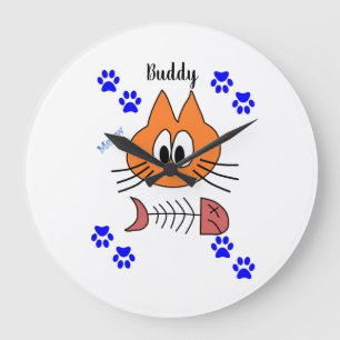 Grande Horloge Ronde Cat Fish Bones Paws Meow Clock