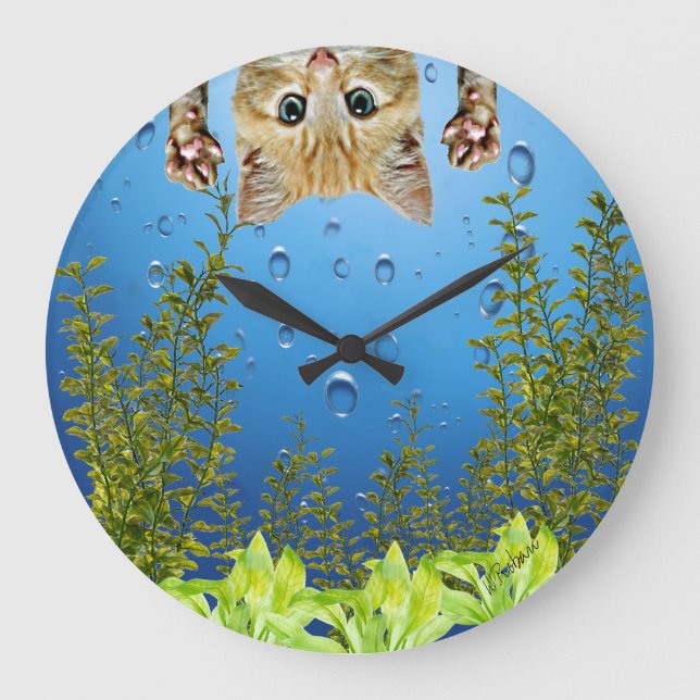 Grande Horloge Ronde Cat Looking Inside Fish Tank Funny (Recto)