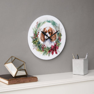 Grande Horloge Ronde Cavalier King Christmas Wreath Festive Pup