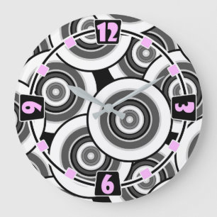Grande Horloge Ronde Cercles et anneaux quadrillage géométrique noir et