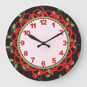 Grande Horloge Ronde Cerise sur l'horloge noire avec des nombres
