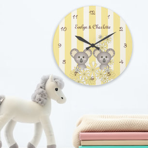 Grande Horloge Ronde Chambre de bébé jumeaux koala mignon jaune / Chamb