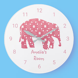 Grande Horloge Ronde Chambre Eléphant Rose Personnalisée